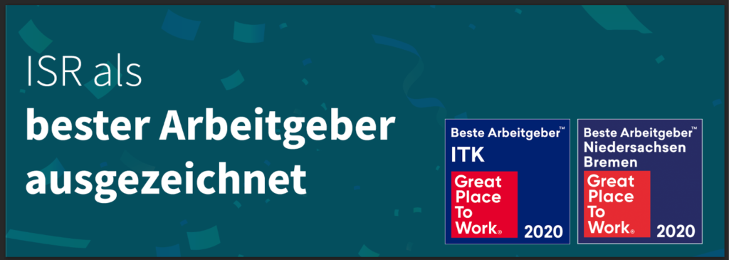 2 Great Place to Work Auszeichnungen 2020 - zusätzlich ein Schriftzug "ISR als bester Arbeitgeber ausgezeichnet"