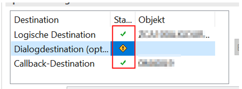 Die Callback Destination ist nach dem Neustart des Quellsystems und einer Aktualisierung in der Bridge mit einem grünen Pfeil versehen.