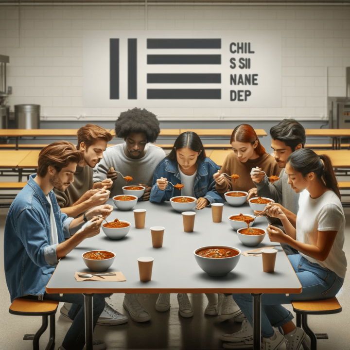 Ein von KI generiertes Bild, wie mehrere Personen zusammensitzen und Chili sin Carne an einem Tisch essen.