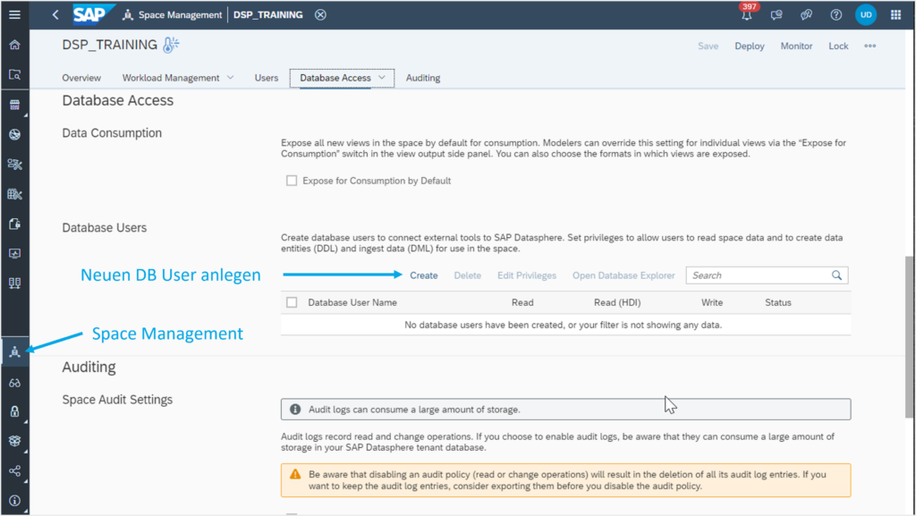 SAP Datasphere Nutzeroberfläche: Anlegen eines neuen DB Users