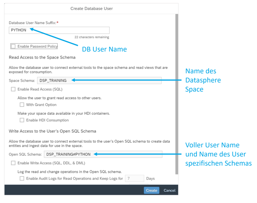 SAP Datasphere Nutzeroberfläche_Benennung des neuen DB-Users