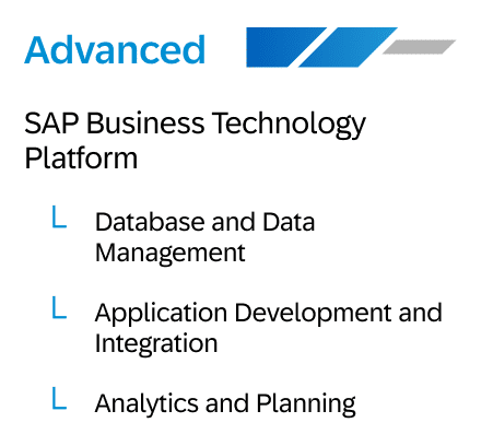 Advanced Zertifizierung im Bereich der Business Technology Platform mit Spezialisierung in den Bereichen Database und Data Management, Application Development und Integration sowie Analytics und Planning
