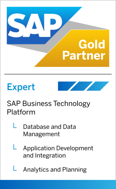 Das Bild zeigt das SAP Gold-Partner Logo und die Spezialisierung im Competency Framework der Stufe Expert