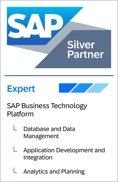 Das Bild zeigt das SAP Silber-Partner Logo und die Spezialisierung im Competency Framework der Stufe Expert